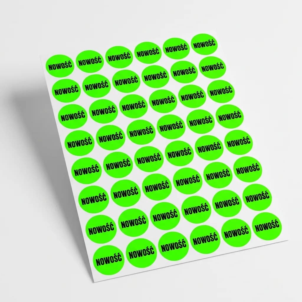Arkusz naklejek samoprzylepnych NOWOŚĆ – okrągłe etykiety fluoro zielone fi 30mm, druk cyfrowy