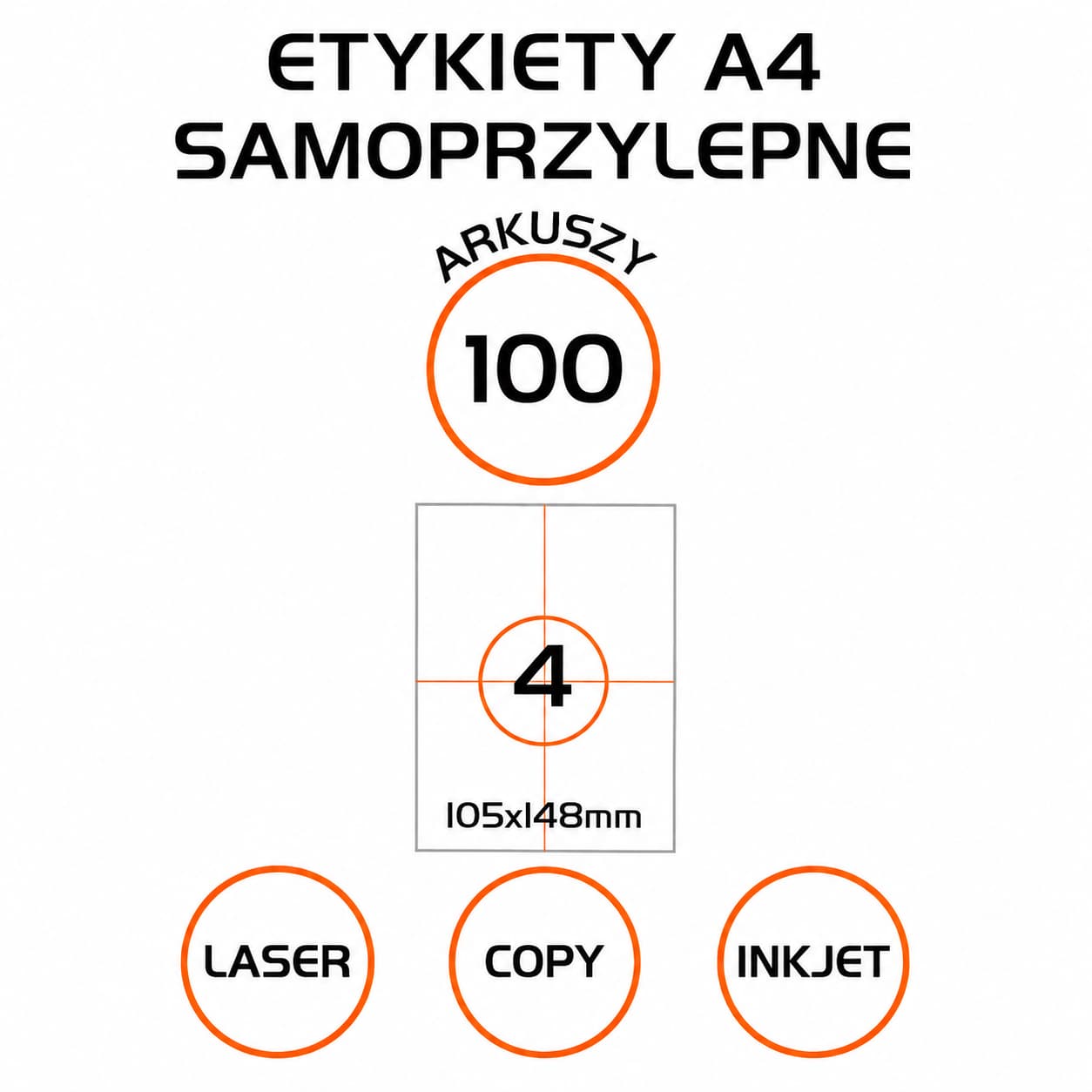 Etykiety samoprzylepne A4, 4 etykiety na arkuszu w rozmiarze 105 × 148 mm, opakowanie 100 arkuszy