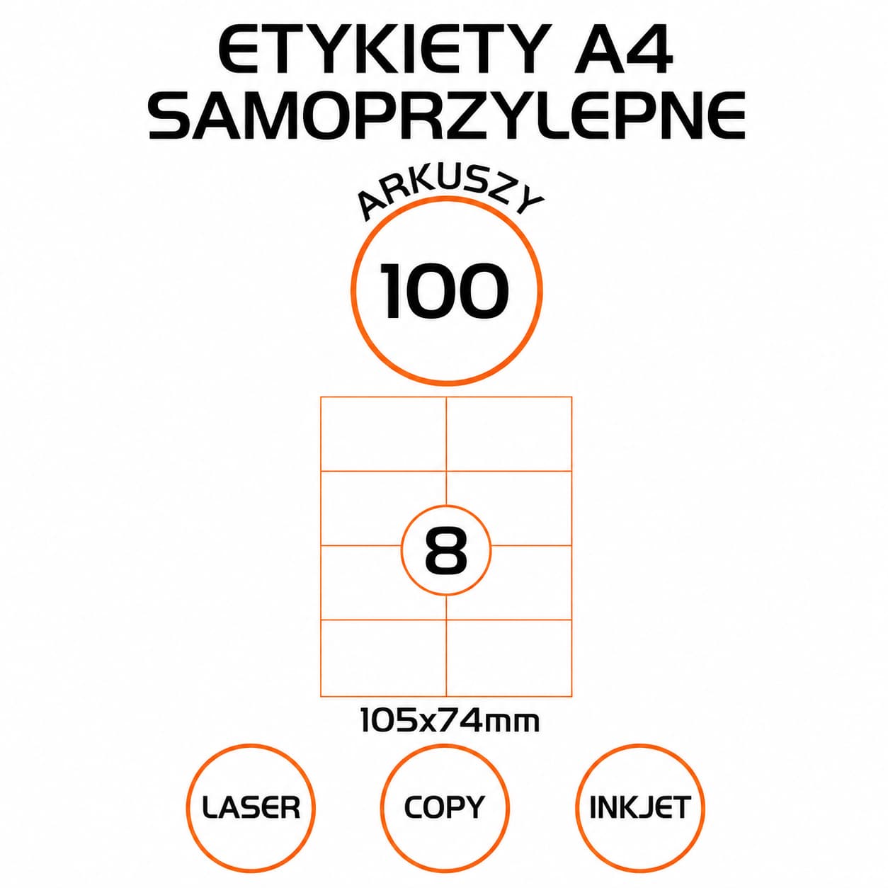 Etykiety samoprzylepne A4 dzielone na 8 etykiet 105x74 mm, opakowanie 100 arkuszy