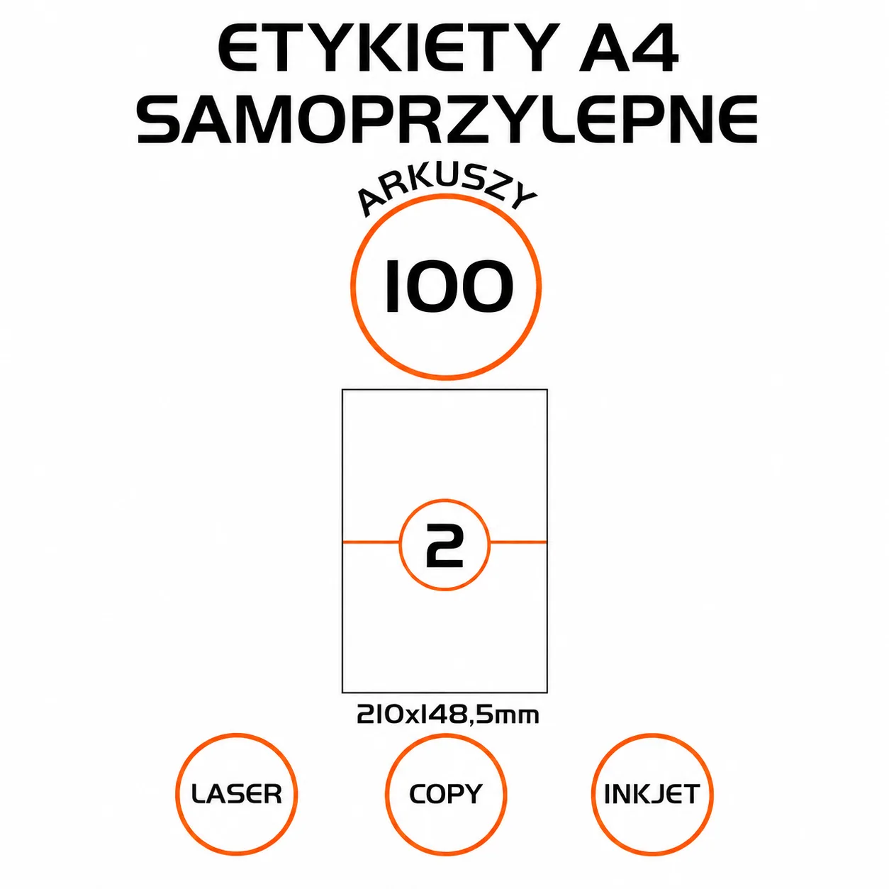 Etykiety samoprzylepne A4 dzielone na 2 etykiety 210 × 148,5 mm, opakowanie 100 arkuszy