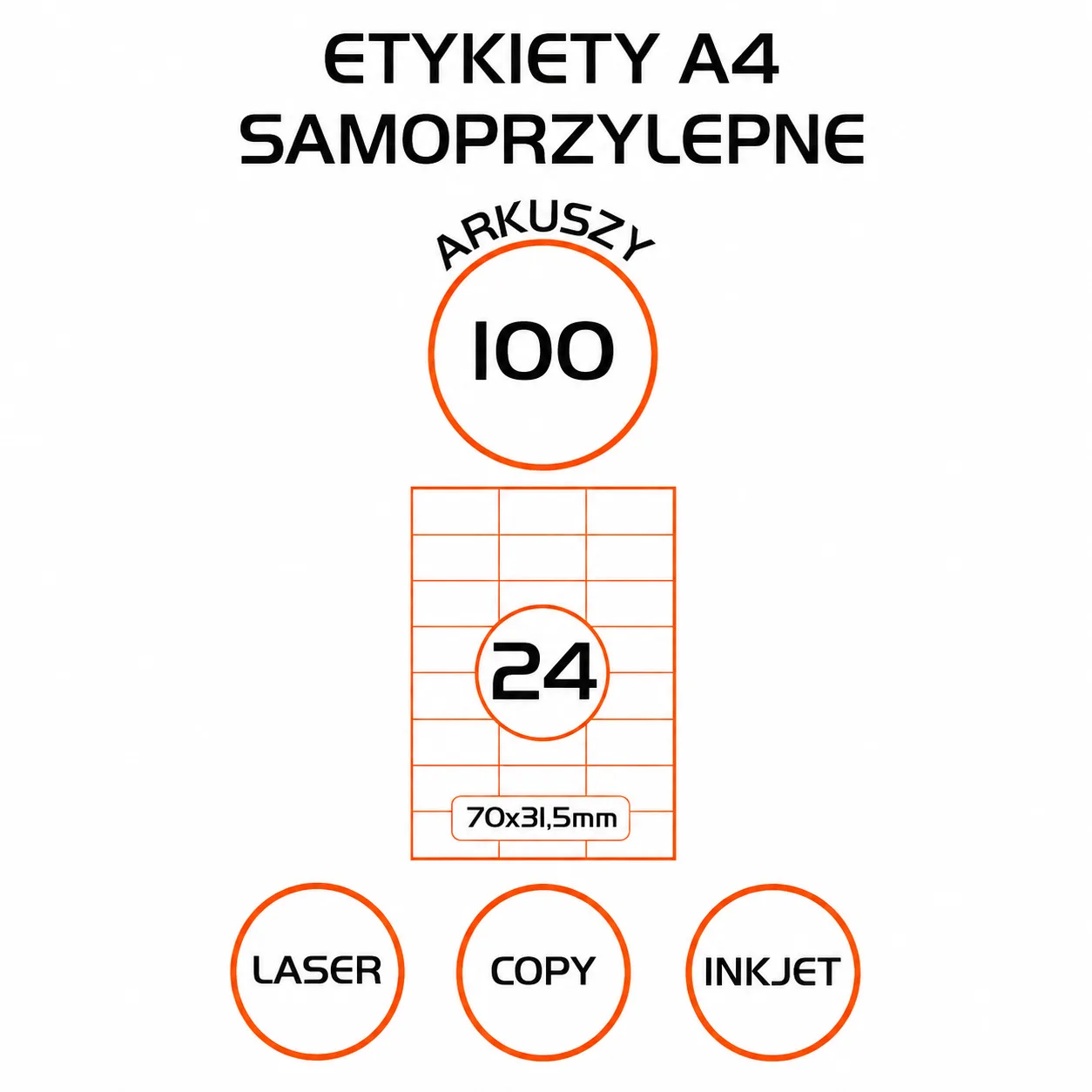Etykiety samoprzylepne A4 podzielone na 24 etykiety 70 × 31,5 mm, opakowanie 100 arkuszy
